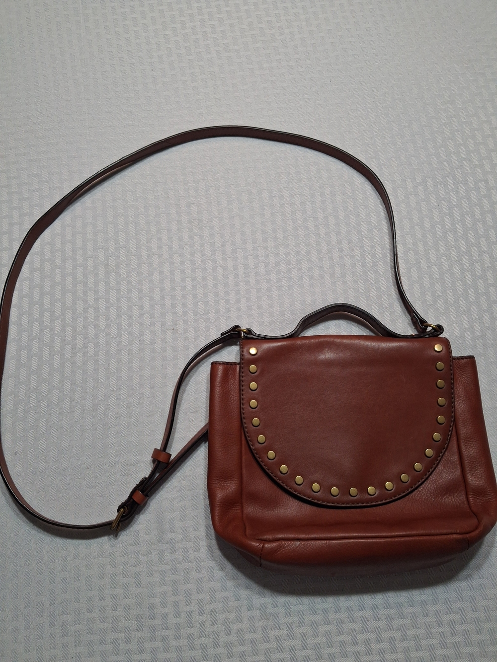 Fossil Brown Leather Crossbody with Brass Stud Accents
